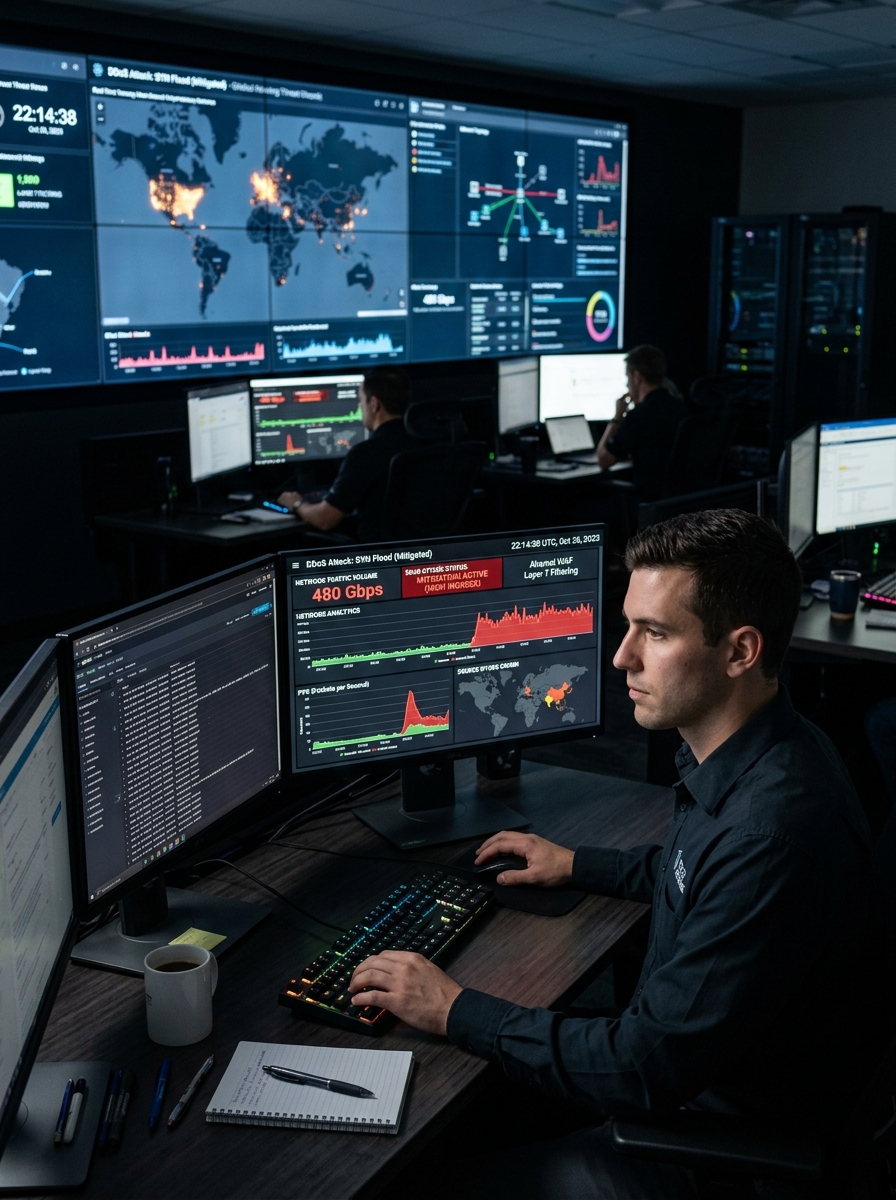 Centro de operaciones de ciberseguridad monitoreando mitigación de ataques DDoS en tiempo real