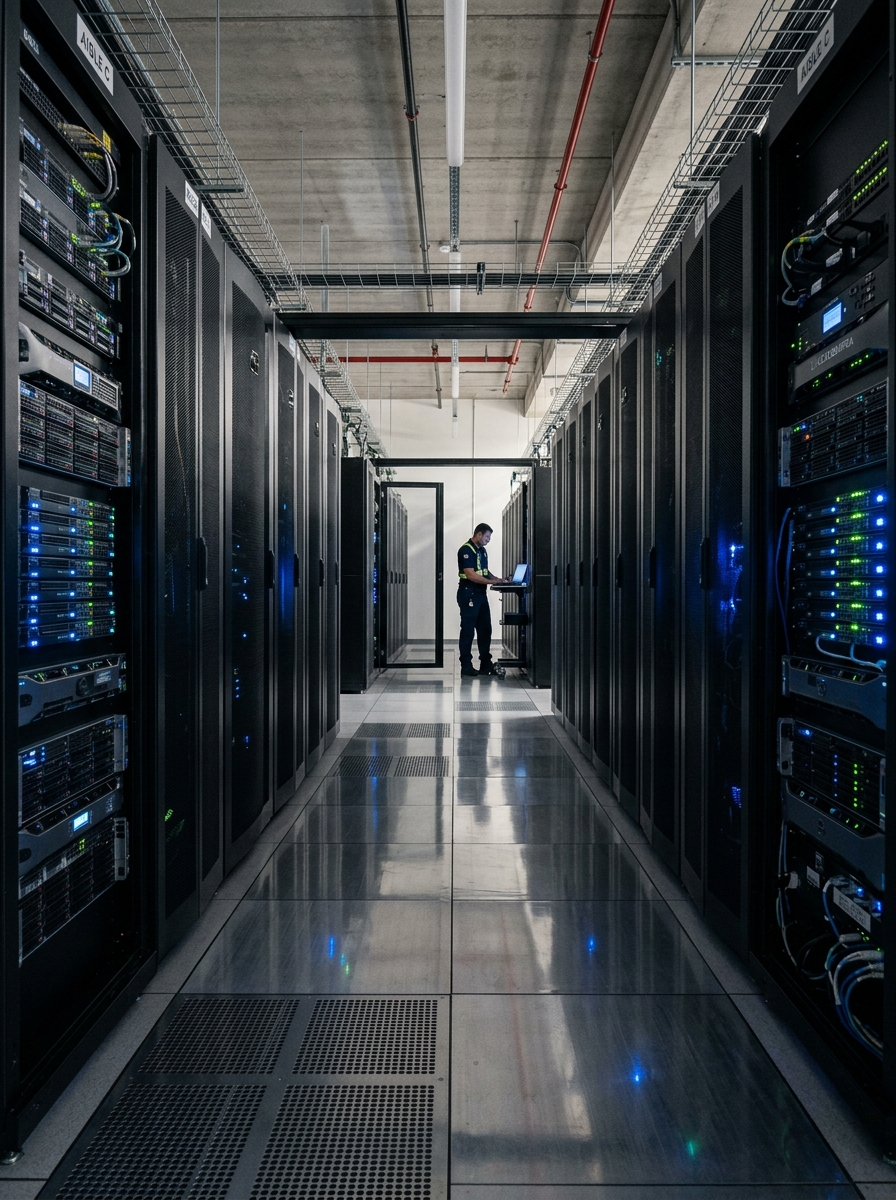 Pasillo de racks de servidores de alta disponibilidad en Data Center empresarial