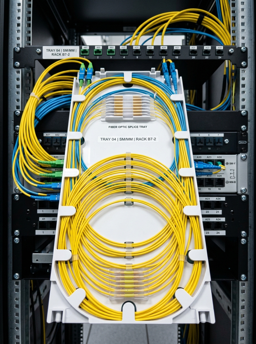 Bandeja de distribución de fibra óptica con anillos y bucles circulares organizados en rack de telecomunicaciones