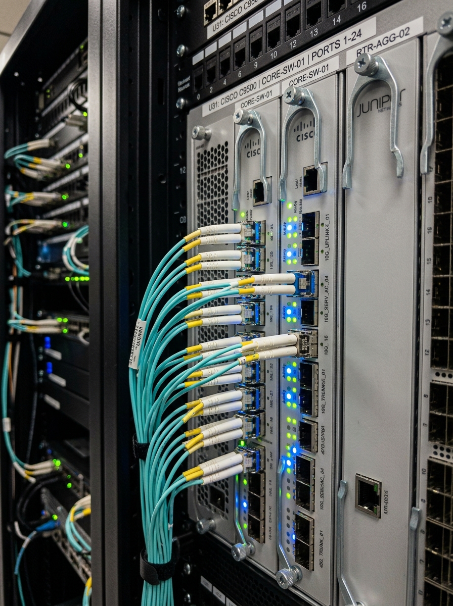 Switches y routers de núcleo de red corporativa con puertos de fibra óptica y conectividad protocolo IPv6