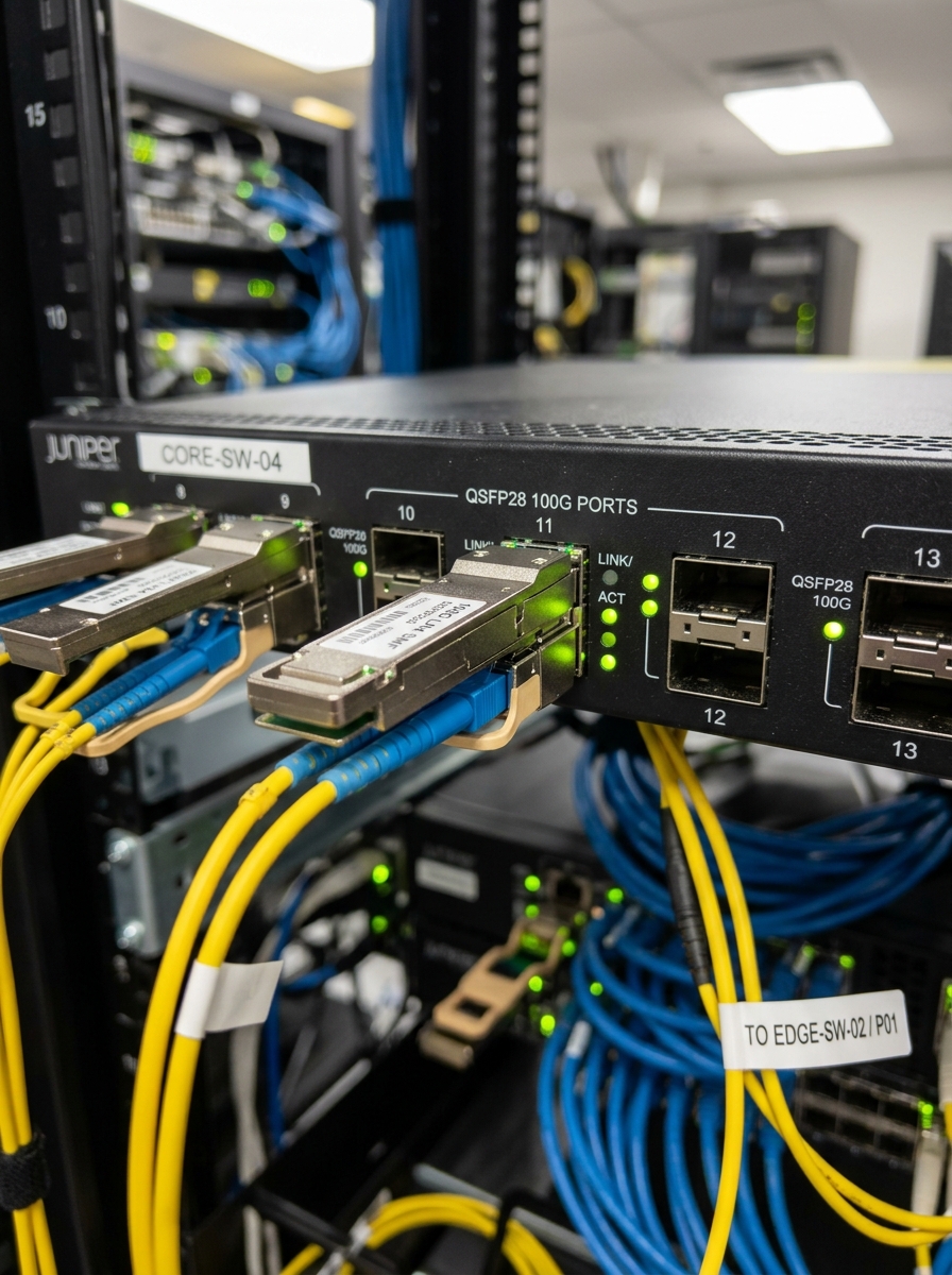 Transceptores ópticos QSFP28 de 100G con fibra óptica para alta velocidad corporativa
