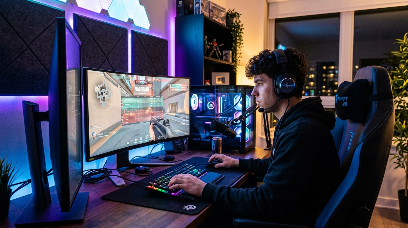 Setup de gaming competitivo sin lag con fibra óptica