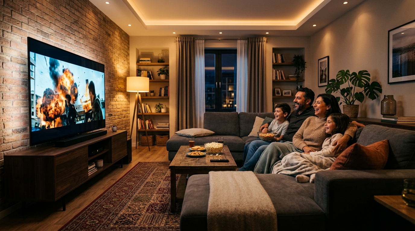 Familia disfrutando películas y series en Smart TV 4K
